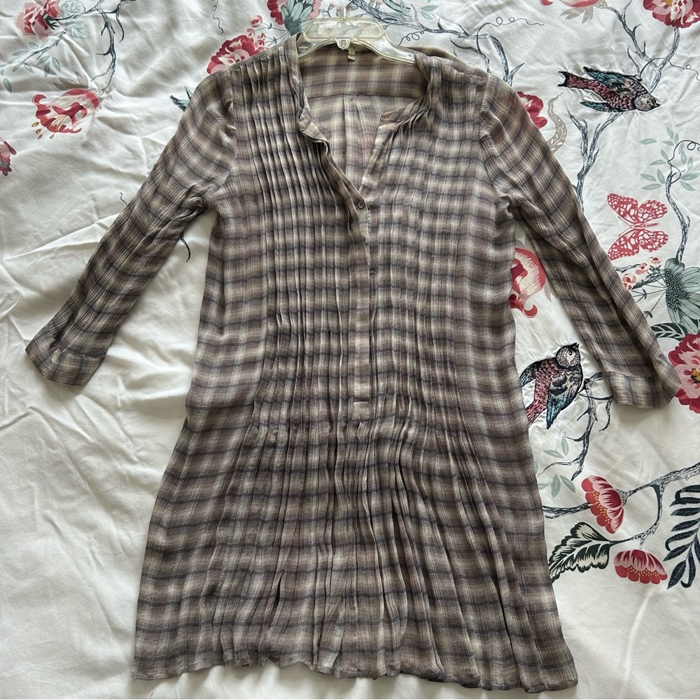 Joie silk flowy plaid v neck pleated blouse mini shirt dress with 3/4 sleeves